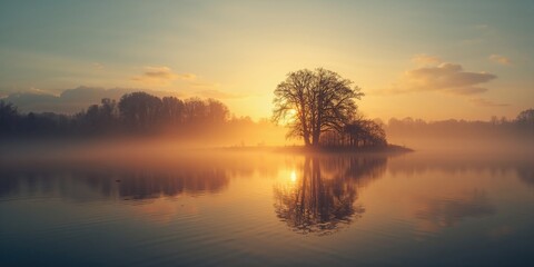 Draycote lake at dawn in December with bare trees and orange-tinted clouds, seasonal transition, Earth Day