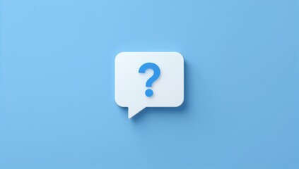 Blue background cartoon speech-bubble icon featuring a question mark, used for FAQ interfaces, minimal style