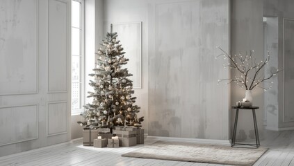 Contemporary holiday decorations in a living room setting, seasonal ambiance