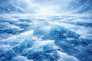 Cold abstract background featuring icy frozen blue ice and ice floes on a frosty day