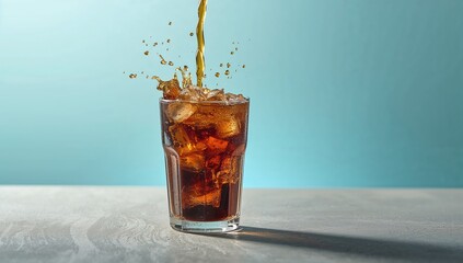 Closeup of cola being poured into a glass on a textured grey table, serving as a background for layout design, World Food Day