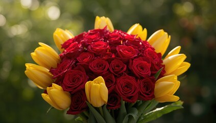 Fresh red roses and yellow tulips in a floral arrangement, designed for gift or decoration purposes