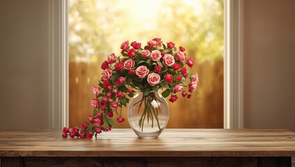 Pink and scarlet climbing roses in a glass vase on a table, used as a decorative floral display, floral design, Mothers Day