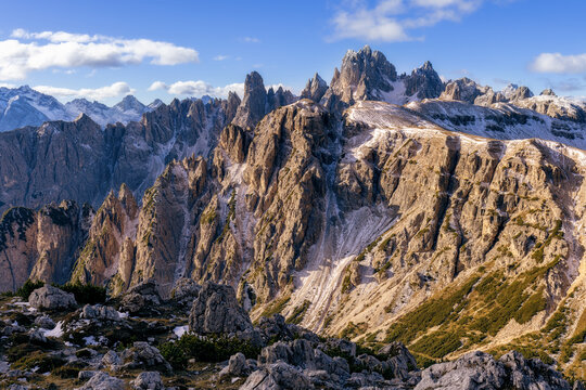 Great view of the top Cadini di Misurina range in Dolomites, South Tyrol, Italy