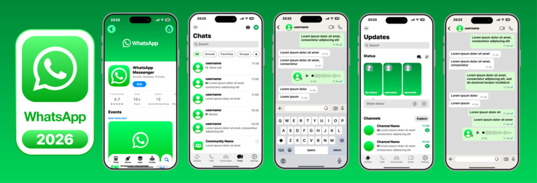 WhatsApp 2026 In App Experience Mockup Showing Chat Contact List Group Conversation Channels Status Updates Voice Chat Call Interface and App Store Presentation on Smartphone