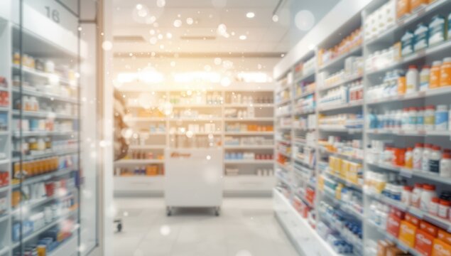 Interior of a pharmacy with shelves stocked with medications, ideal for background use in healthcare layouts