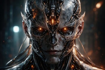 Artwork portraying a cybernetic being with a split mechanical skull and translucent skin fragments