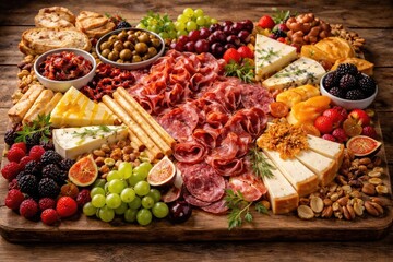 A rustic charcuterie display abundant with sliced cured meats, rich cheeses, savory olives, and colorful fruit accents
