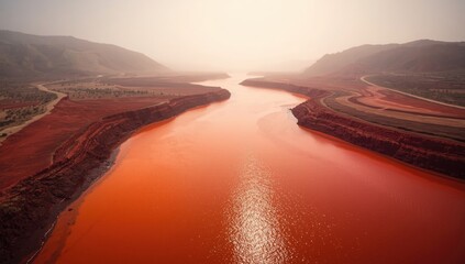 River with striking red and orange coloration caused by iron and heavy metals, pollution assessment