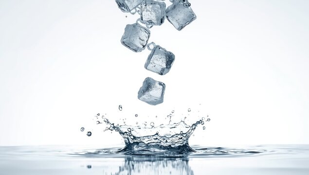 Frozen water cubes descending into liquid on a neutral backdrop, illustrating refrigeration process