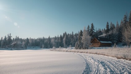 Fototapeta premium Winter scene featuring snow-covered fir trees, bright blue sky, and chimney smoke, highlighting seasonal climate