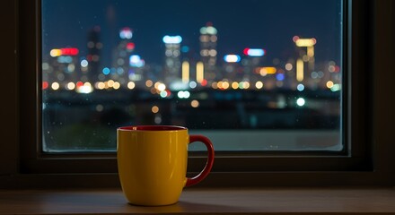yellow coffee mug on a window sill with city lights at night