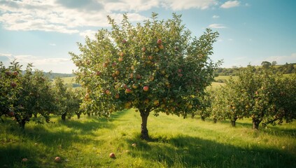 Fresh apples hanging from a tree branch, suitable for agricultural background use