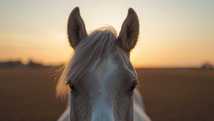 Grey horse ears at sunset, highlighting wildlife observation and evening lighting