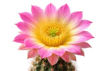 Macro shot of cactus flower with pink and yellow colors on white background