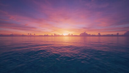 Naklejka premium Sea horizon during twilight with vibrant sky colors and reflective water surface, highlighting peaceful ocean scene