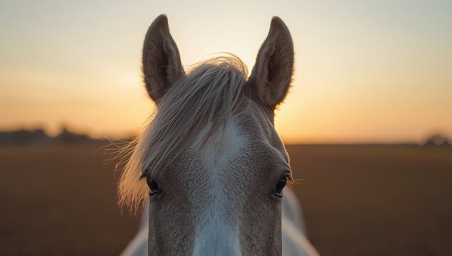Grey horse ears at sunset, highlighting wildlife observation and evening lighting - Powered by Adobe