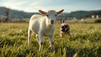 Young white goat in a green pasture, illustrating small-scale farming practices