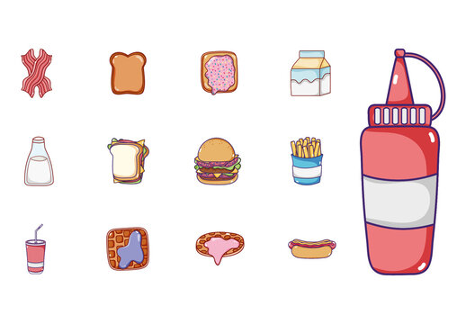 Colorful Fast Food Burger Sandwich Fries Icons Set