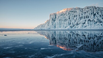 Frozen Lake Baikal scene during sunset with ice-covered cliffs of Olkhon Island and long icicles, winter preservation