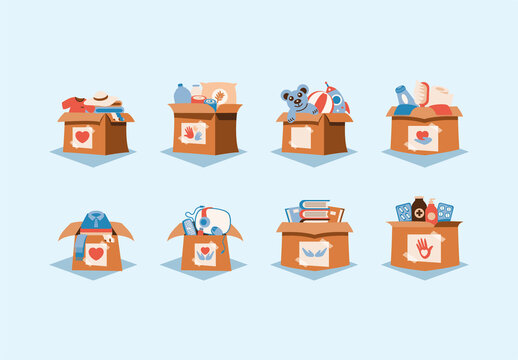 Colorful charity donation box volunteer aid vector template