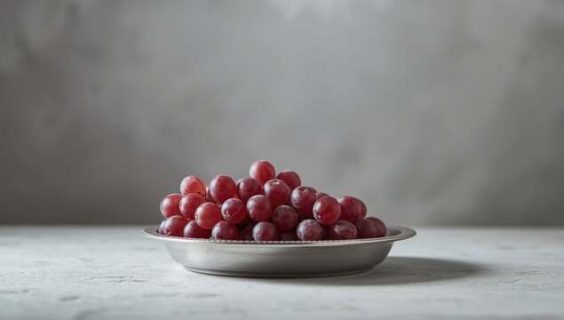 A cluster of red grapes arranged on a metallic platter, suitable for food styling or layout design - Powered by Adobe