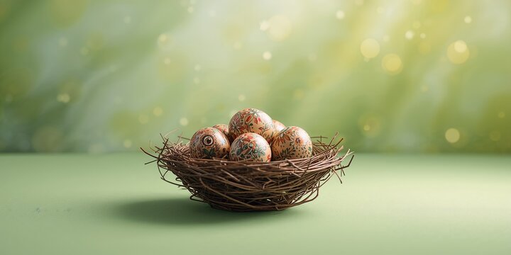 Colorful plastic quail eggs set against a green background, Easter mockup for text overlay, holiday craft display - Powered by Adobe