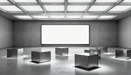 Contemporary exhibition space with concrete walls, a large blank screen, and minimalist cube seating arrangement.