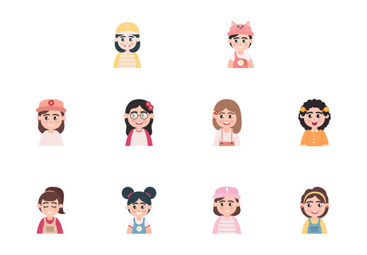 Colorful Cute Happy Girls Character Face Illustrations Set