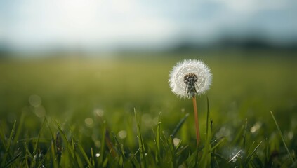 Dewy dandelion blossom in grass, suited for a nature-themed layout or floral design