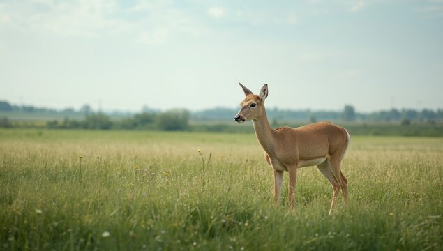 Deer in a green farm setting with blue sky and grass, emphasizing natural habitat and agriculture, World Environment Day