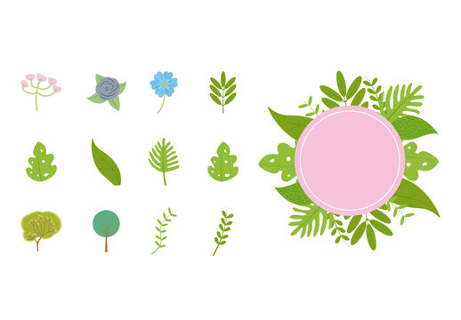 Colorful Flower Leaf Nature Foliage Plants Icons Set