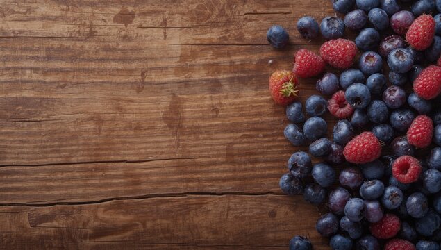 Fresh blueberries and raspberries arranged on wood, emphasizing healthy eating choices, Earth Day - Powered by Adobe