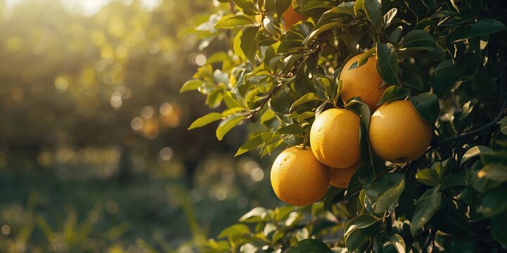 Garden with ripe pomelo fruits on the trees, fruit selection