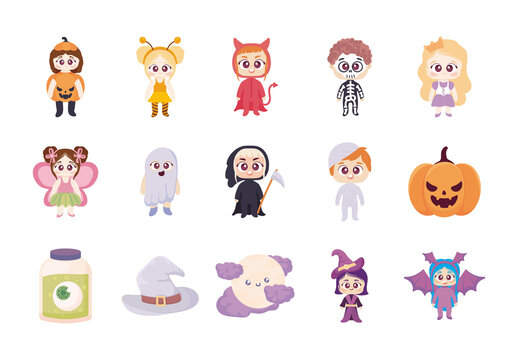 Colorful Cute Funny Spooky Kids Halloween Illustrations Set