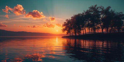 Sunset over a lake with dark tree outlines, emphasizing natural scenery and time of day