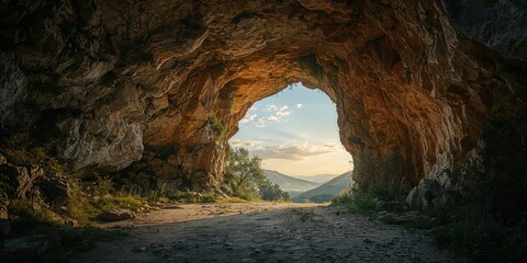 Natural erosion at the opening of an abandoned karst cave emphasizing geological processes, Earth Day