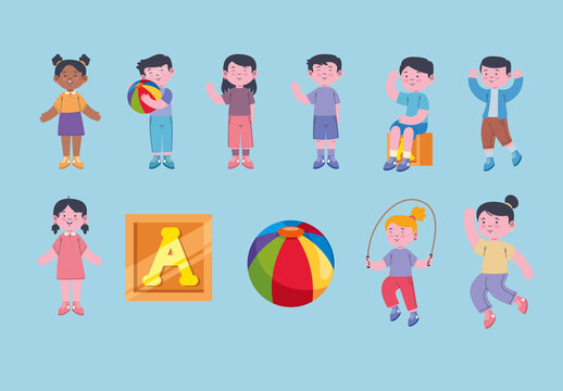 Colorful Children Playing Jumping Ball Games Illustrations Set