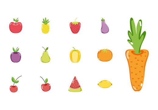 Colorful Fruit Vegetable Organic Diet Produce Icons Set