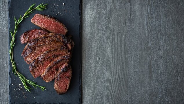 Porterhouse steak sliced presented on a slate board, used as a catering menu background for recipe placement