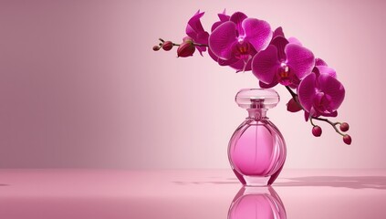 Fototapeta premium Pink perfume bottle and orchid flowers, floral scent display emphasizing natural ingredients