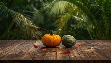 Seasonal fall arrangement with a pumpkin and green melon on weathered wood, harvest celebration