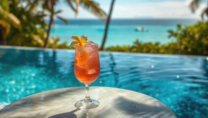 A tropical cocktail served outdoors during holiday travel, focusing on leisure activities, International Beer Day