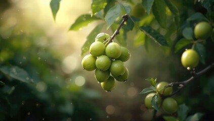 Fresh green fruit in a garden setting, ideal for nature and harvest themes
