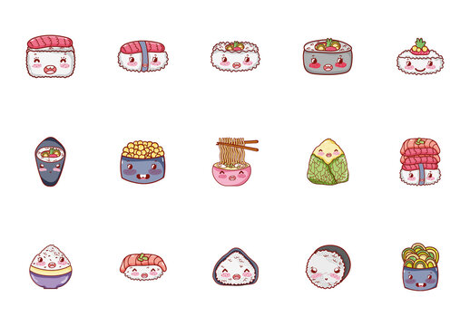 Colorful Japanese Food Sushi Kawaii Icons Set