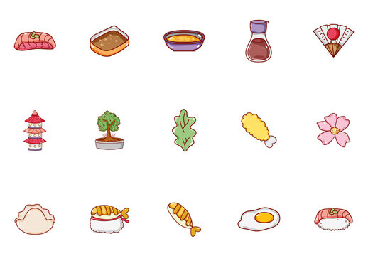 Colorful Japanese Culture Icons Set