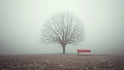 Misty winter landscape featuring a barren tree and a red bench, highlighting seasonal weather effects