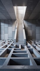 Futuristic Concrete Stairs Through a Labyrinthine Grid