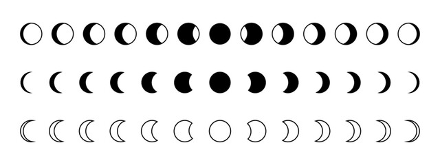 Collection of Moon phases. Lunar calendar cycle infographic. New, quarter, waning and full Luna silhouettes isolated on white background. Astrology or mystic sings. Vector graphic illustration