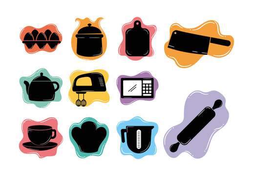Colorful Cooking Kitchen Tools Chef Flat Illustrations Set